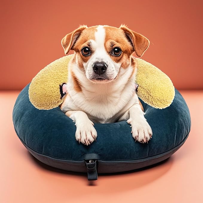 Lystaii Cat Pillow for Indoor Pet Cat Dog Calming Pillow Soft Fluffy Cat Bed Pillow Dog Neck Pillow Pet Toy Half Donut Anxiety Relief Pet Pillow with Cute Embroidery Pattern (Yellow, Peaches)