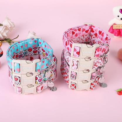 DOGWONG Valentine's Dog Collar - Pink Heart Adjustable Cotton Heart Dog Collar - Perfect for Large Dogs
