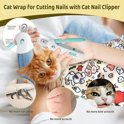 Cat Wrap for Grooming, Self-Adhesive Cat Swaddle Wrap with Nail Clipper, Soft Calming Pet Blanket Anti-Escape Grooming Bag for Cats and Dogs Up to 11lbs (Animal 1)
