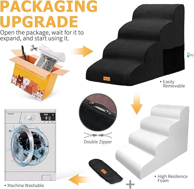 Topmart High Density Foam Dog Steps 4 Tiers,Extra Wide Deep Pet Steps,Non-Slip Pet Stairs,Dog Ramp for Bed,Soft Foam Dog Ladder,Best for Older Dogs Injured,Older Pets,Cats with Joint Pain,Color Black