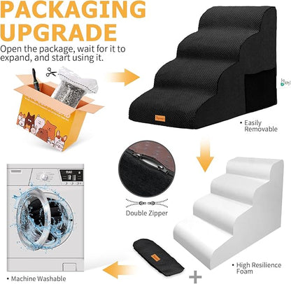 Topmart High Density Foam Dog Steps 4 Tiers,Extra Wide Deep Pet Steps,Non-Slip Pet Stairs,Dog Ramp for Bed,Soft Foam Dog Ladder,Best for Older Dogs Injured,Older Pets,Cats with Joint Pain,Color Black