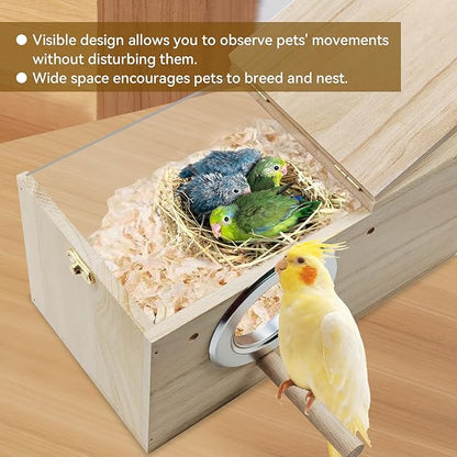Acrylic Bird Nesting Box,Transparent Parakeet Nesting Box with Perch Natural Wood Cockatiel House for Cage Handcrafted Visible Budgie Breeding Home for Parrots Finches Conures Small Birds