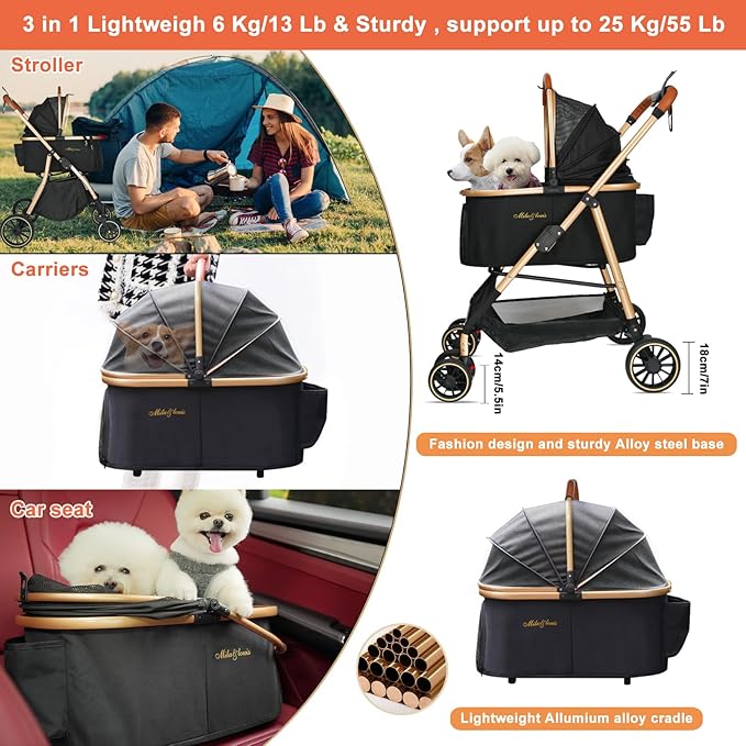 MILA&LOUIS Dog Stroller for Medium Dogs, Lightweigh Pet Stroller for Small Dogs with 4 Upgraded Wheel, Dog Strollers with Cup Holder, Hook, Fashion Gold Puppy Stroller with Detachable Aluminum Cradle