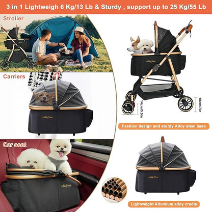 MILA&LOUIS Dog Stroller for Medium Dogs, Lightweigh Pet Stroller for Small Dogs with 4 Upgraded Wheel, Dog Strollers with Cup Holder, Hook, Fashion Gold Puppy Stroller with Detachable Aluminum Cradle