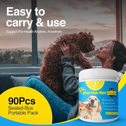 Pack Dog Teeth Cleaning Wipes - No-Rinse Cat Toothbrush, Effective Dog Breath Freshener - Essential Pet Supplies (90 Count - 1.65 in x 3.15 in)