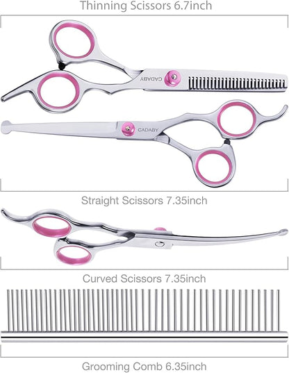5 in 1 Dog Grooming Scissors with Safety Round Tips, Dog Grooming Scissors Kit, 4CR Stainless Steel Professional Pet Grooming Shears for Dog, Cat,Sharp and Sturdy, Pink