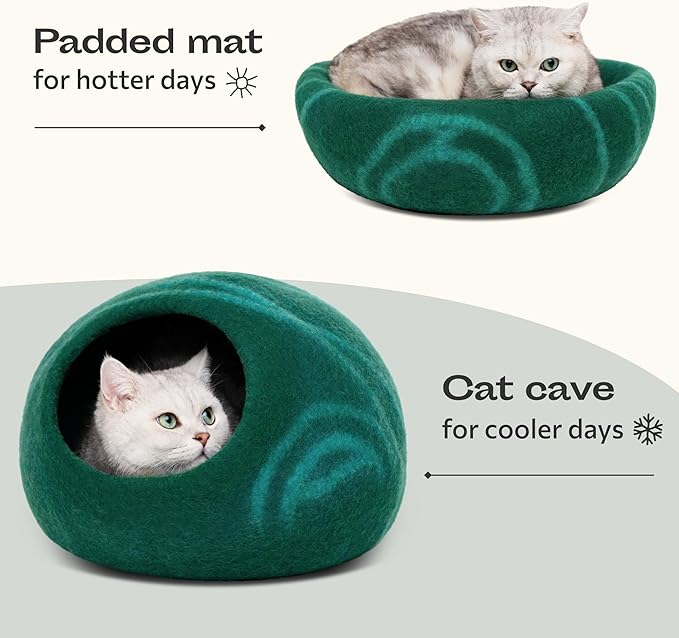 MEOWFIA Cat Cave  Premium Felt Cat Bed for Indoor Cats, Handmade 100% Merino Wool (Medium, Emerald)