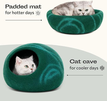 MEOWFIA Cat Cave  Premium Felt Cat Bed for Indoor Cats, Handmade 100% Merino Wool (Medium, Emerald)