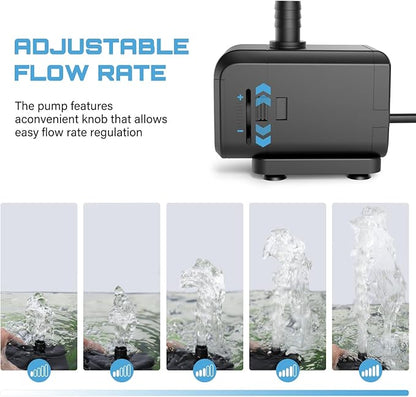 AQQA Submersible Aquarium Water Pump, Fountain Pump with Adjustable Flow,Dual-Suction Side/Bottom Intake,Ultra-Quiet Thermal Protection for Freshwater Saltwater Fish Tanks Pond Statuary Hydroponics15W