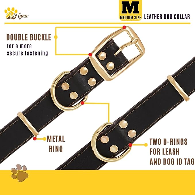 ADITYNA Heavy Duty Leather Dog Collar for Medium Dogs - Soft and Strong Leather Dog Collar for Medium Dog Breeds (Medium: Fit 13" - 20" Neck, Brown - Gold Colored Buckle)