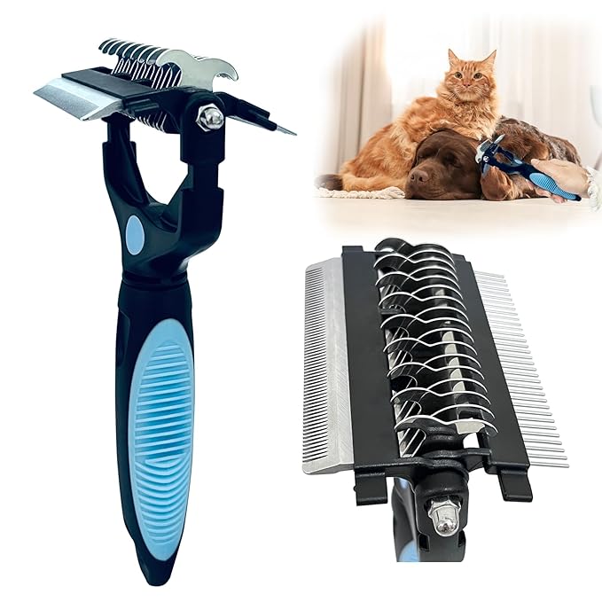 3-in-1 Pet Grooming Brush for Dogs & Cats  Double Sided Deshedding Tool with Stainless Steel Teeth, Detangler Comb & Undercoat Rake | Ergonomic Handle for Matted Fur Removal, Safe for Long/Short Hair