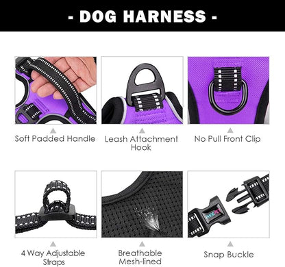PHOEPET No Pull Dog Harnesses for Small Dogs Reflective Adjustable Front Clip Vest with Handle 2 Metal Rings 3 Buckles [Easy to Put on & Take Off](XS, Purple)