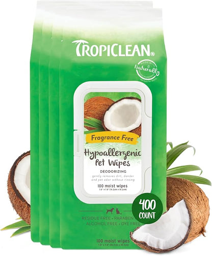 TropiClean Hypoallergenic Dog Wipes for Paws and Butt | Fragrance Free Dog Grooming Wipes | Safe for The Face | Puppy & Cat Friendly | 400 Count