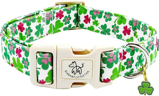 Elegant little tail St Patrick's Day Dog Collar-Green Cute Colver Cotton Shamrock Pet Collar Trefoil Holiday Adjustable Cotton Pet Collar with Quick Release Buckle for Small Medium Large Dogs