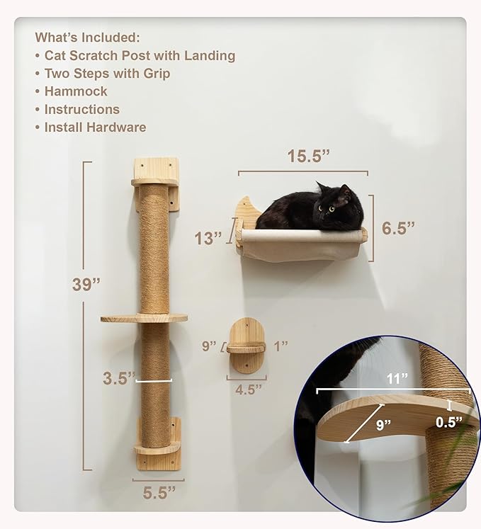 Window/Wall Mount Cat Wall Shelves by Pet Savvy – Cat Hammock (Oatmeal), Scratching Post with Landing, Two Steps – Natural Pine, Jute Rope, Sized for Cats up to 25lbs – 4 pc Set