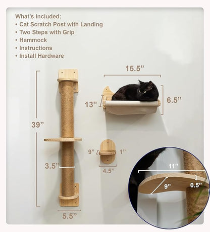 Window/Wall Mount Cat Wall Shelves by Pet Savvy – Cat Hammock (Oatmeal), Scratching Post with Landing, Two Steps – Natural Pine, Jute Rope, Sized for Cats up to 25lbs – 4 pc Set