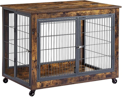 Dog Crate Furniture Dog Kennel for Home Indoor Use Furniture Dog Crate with Double Doors for Medium Large Dog 38.58" W x 25.2" D x 27.17" H Rustic Brown