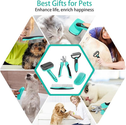 Dog Brush Kit for Grooming Short & Long Haired Dogs & Cats, 5 in 1 Pet Grooming Set for Small Animals, 5 PCS Puppy Self-Cleaning Slicker Brush and Pet Comb for Shedding Medium & Large Dogs