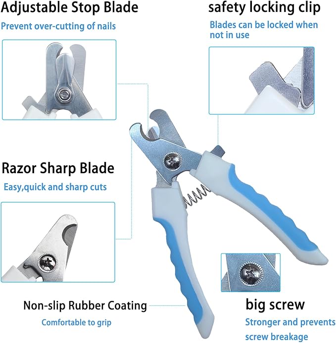 5Pieces Dogs and Cats Grooming Nail Clippers Kit Pet Claws Nail Clipper Trimmers, with Protective Guard Lock to Avoid Over Cutting, Professional Trimmers for Large and Small Cat and Dog Animal. (Blue)