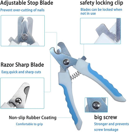 5Pieces Dogs and Cats Grooming Nail Clippers Kit Pet Claws Nail Clipper Trimmers, with Protective Guard Lock to Avoid Over Cutting, Professional Trimmers for Large and Small Cat and Dog Animal. (Blue)