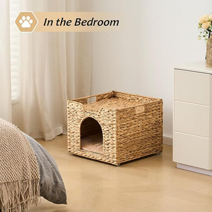 Cat Houses for Indoor Cats, Handwoven Cat Cave Pet Cube, Natural Pet Cat House, Cat Beds with Double-Sided Mat, Cat Condo Hideaway in Living Room Bedroom