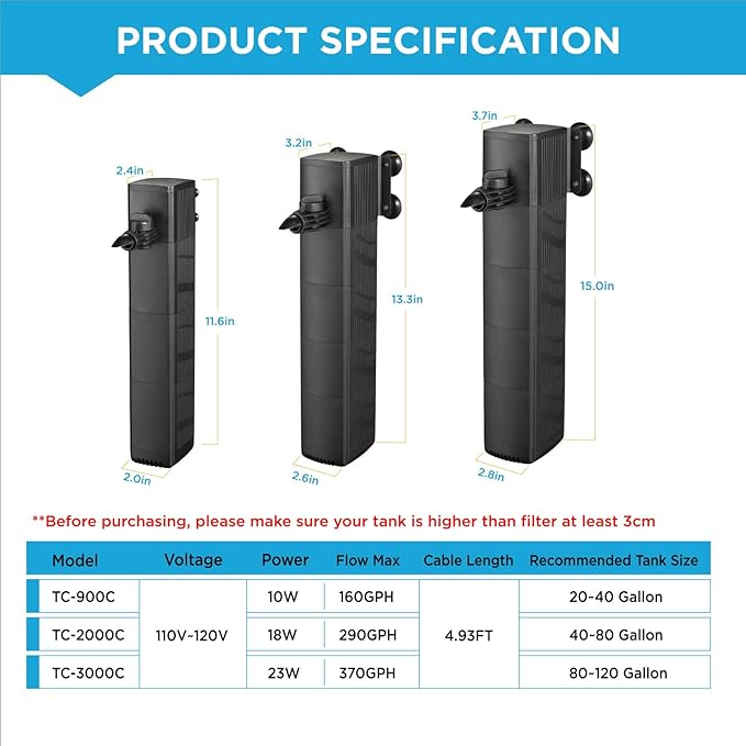 Internal Fish Tank Filter with 4-Stage Biochemical Sponge Filtration, 23W Adjustable Water Flow Submersible Aquarium Filter Pump for 80~120 Gal Freshwater or 50~70 Gal Saltwater, TC-3000C(370GPH)