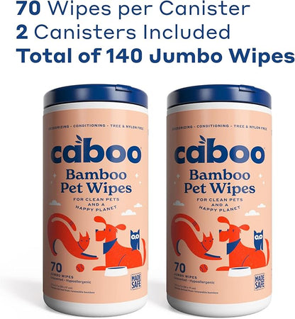 Caboo Tree Free Pet Wipes for Dogs & Cats, Natural, Deodorizing, Hypoallergenic Cleaning Wipes for Eyes, Ears, Paws, & Face (Unscented, 2 Canisters, Total of 140 Jumbo Wipe)