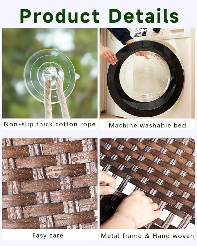 Cat Window Perch, Cat Window Hammock Bed for Indoor Cats, Large Handwoven PE Rattan Window Seat, 4 Suction Cups, Double Sided Washable Cushion Bed, 2.3 Inch Fence Shelf, for Pet Kittens Brown