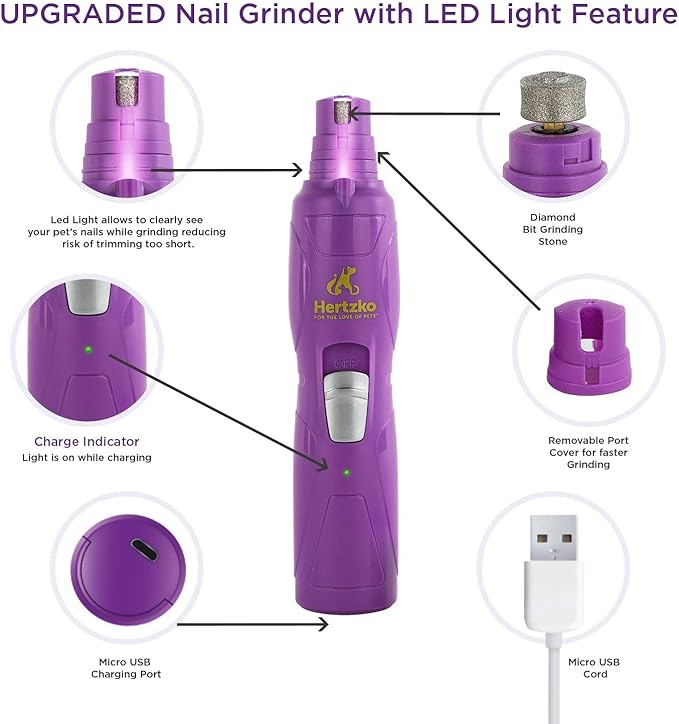 Hertzko Pet Nail Grooming Kit for Dogs and Cats - Electric Dog Nail Grinder with LED Upgrade - Pet Trimmers and Clippers - Cordless and Portable Trimmer and Clipper, 2 Grinder Bits, USB Wire