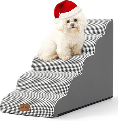 Dog Stairs for High Bed 22.6" H, Small Pet Steps with Leakproof Cover, High Density Foam Cat Ramp for Bed, Car or Couch, Lightweight, Durable, Comfort, 15.7x33x22.6 in, 5 Tiers, White Black