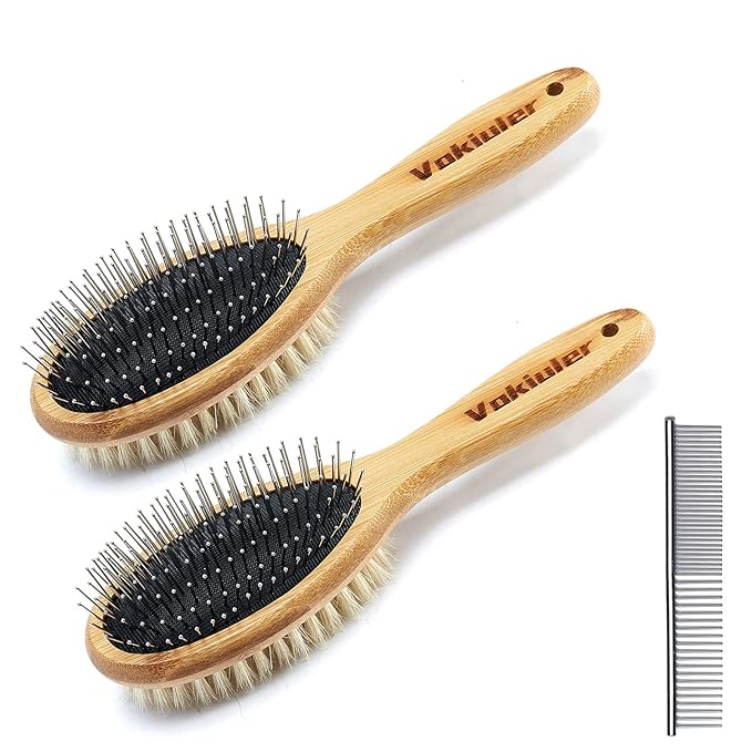 Dog Brush Cat Brush, Double Sided Bristle and Pin Pet Brush for Dog Grooming, Real Boar Bristle Shedding Brush with Bamboo Handle for Long Short Hair, 4 Pack Dog Comb, Black+Yelbow