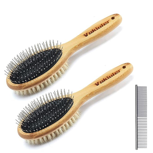 Double Sided Dog and Cat Brush - Bristle and Pin for Grooming, Real Boar Bristle With Bamboo Handle for Long Short Hair, 4 Pack Comb, Black+Yellow