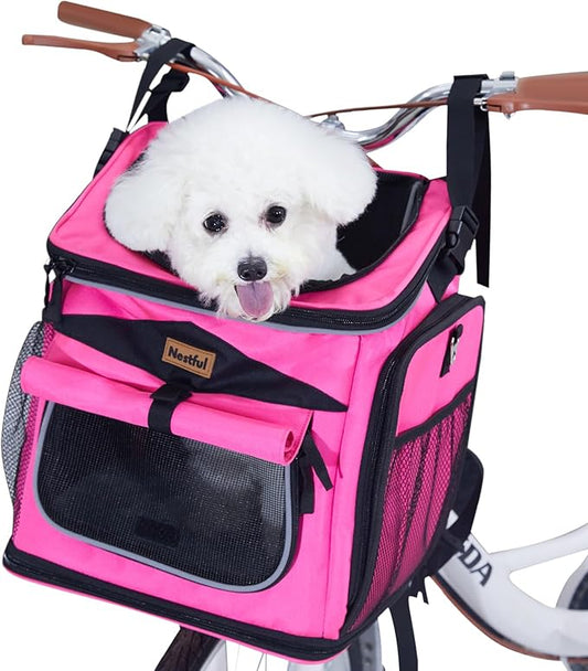 Dog Bike Basket Carrier, Expandable Foldable Dog Basket for Bike, Soft-Sided Dog Bike Carrier Pet Travel Bag, Bike Dog Carrier Backpack Carrier Safe and Easy for Small Cats and Dogs (Pink)