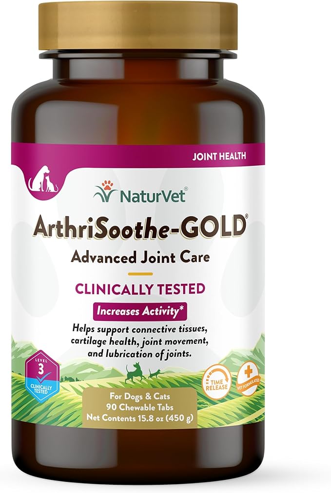NaturVet  ArthriSoothe-GOLD  Level 3 Advanced Joint Care | Clinically Tested to Support Connective Tissue, Cartilage Health & Joint Movement | Enhanced with Glucosamine, MSM, Chondroitin & Green Lipped Mussel | For Dogs & Cats | 90 Chewable Tablets