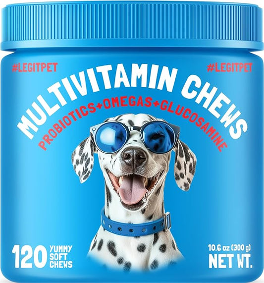 Dog Vitamins - 120 Multivitamins Chews w/Glucosamine Chondroitin, Probiotics Digestive Enzymes and Omegas - Supplement for Overall Health - Joint Support, Immune Health, Skin and Heart Health