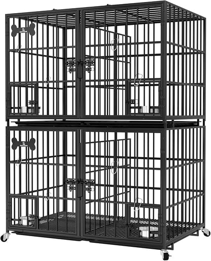 aboxoo 42 inch Stackable Heavy Duty Metal Dog Crate for 4 Dogs/Large Dog,All Metal Open Top Access,Escape Proof Cage,Dog Kennel Indoor with Wheels,Floor Grid, Tray, Divider and Feeding Bowl