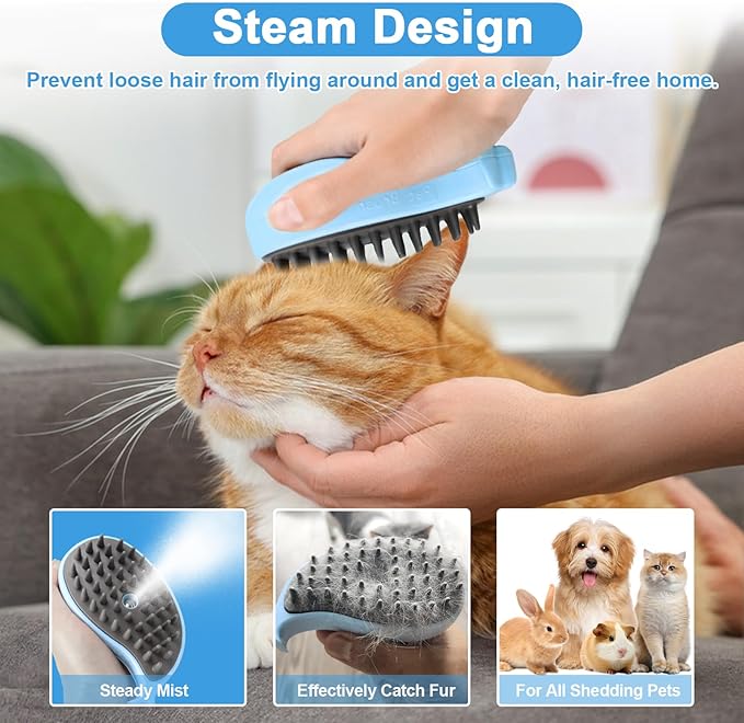 Nepfaivy Cat Steam Brush for Shedding - 3 in 1 Pet Steam Brush for Dog and Cat, Rechargeable Steamy Cat Brush, Spritz Defur Comb for Cats, Steamer Brush for Massage, Grooming and Removing Loose Hair