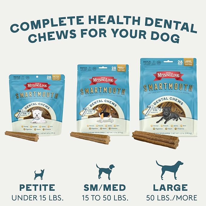 The Missing Link Smartmouth Vet Developed Dental Chew Treats, 7-in-1 Benefits: Healthy Teeth & Gums, Breath, Skin, Joints, Digestion, Heart, Immune System  Petite/XS 5-15lb Dogs, 28 Ct