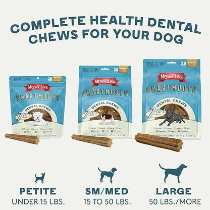 The Missing Link Smartmouth Vet Developed Dental Chew Treats, 7-in-1 Benefits: Healthy Teeth & Gums, Breath, Skin, Joints, Digestion, Heart, Immune System  Petite/XS 5-15lb Dogs, 28 Ct