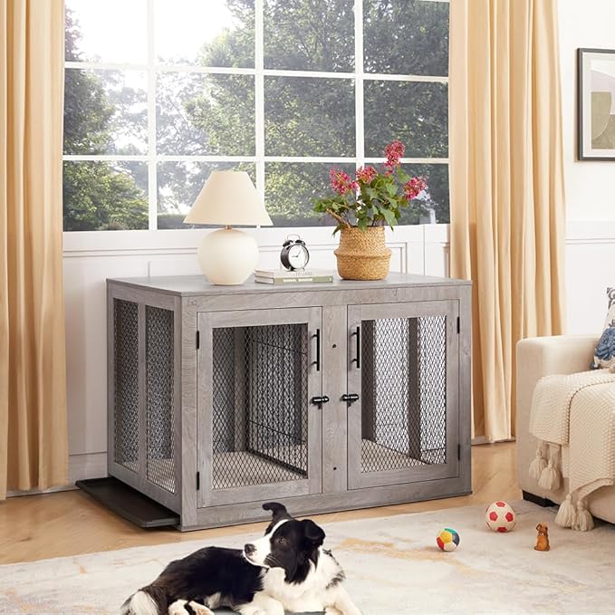 unipaws 46.7" Extra Large Dog Crate Furniture with Divider for 2 Dogs, Wooden Dog Kennel for XLarge Breed, XL Wood Dog Cage, End Table Crate with Tray, for Dogs Up to 90 lbs