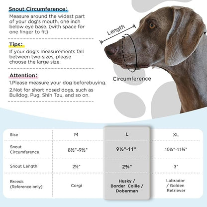 Dog Muzzle,Mesh Soft Muzzle for Small Medium Large Sized Dogs, Breathable Reflective Adjustable Puppy Muzzles with Collar for Scavenging Grooming Biting Chewing,Allows Panting and Drinking(Grey L)