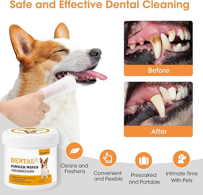 Teeth Cleaning Finger Wipes, Dog Dental Wipes, Reduce Plaque & Tartar, Freshen Breath, Safe & Natural Pet Dental Wipes for Dogs Teeth, Portable Dog Tooth Wipes for Cats,100 Ct,Unscented