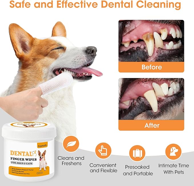 Teeth Cleaning Finger Wipes, Dog Dental Wipes, Reduce Plaque & Tartar, Freshen Breath, Safe & Natural Pet Dental Wipes for Dogs Teeth, Portable Dog Tooth Wipes for Cats,50 Ct,Unscented