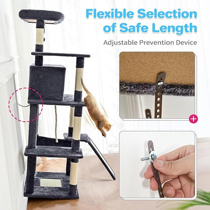 Cat Tree Tower 63in Multi-Level Cat Tower for Indoor Cats with Sisal Scratching Posts, Condo, Hammock, Dangling Ball and Extended Platform for Cats to Play, Pink