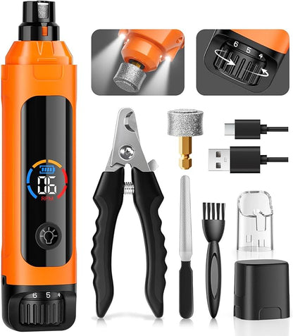 Dog Nail Grinder, 6-Speed Quiet Electric Dog Nail Trimmers, Dog Nail Clippers with File for Small Medium Large Dogs, Cats, Rechargeable Pet Paw Grooming Supplies Kit, 2 Grinding Wheels (Orange)