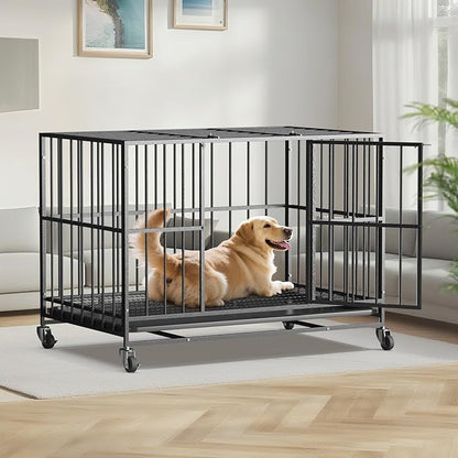 48/42/38 Inch Heavy Duty Dog Crate Steel Escape Proof,Indoor Double Door High Anxiety Cage, Removable Tray, Kennel with Wheels,XL