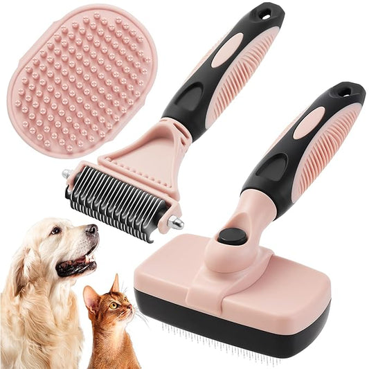 3PCS Cat & Dog Brush Set: Slicker & Deshedding Brush, Dematting Comb, and Bath Brush  Premium Grooming Tools for Shedding & Tangle-Free Fur (pink)