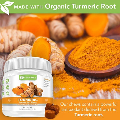 Turmeric for Dogs Anti Inflammatory Pain Relief | Organic Curcumin Dog Supplement with Collagen & Bioprene, Anti Inflammatory for Dogs, Supports HIPS, Joints & Mobility | 60 Count