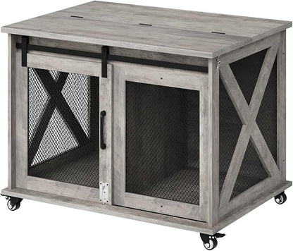 Dog Crate Furniture with Sliding Barn Door,Flip Top Furniture Style Dog Crate End Table with Wheels,Indoor Dog Kennel Furniture with Removable Divider,Dog House,Grey