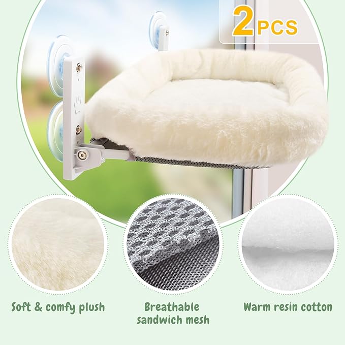 Sunhoo 2PCS Cat Window Perch Hammock Cordless Kitty Sunny Bed Seat Window Sill Shelf for Inside Cats Foldable Lounger with 4 Strong Suction Cups Soft Plush Cover 21*11.8 in Holds up to 40lbs (White)